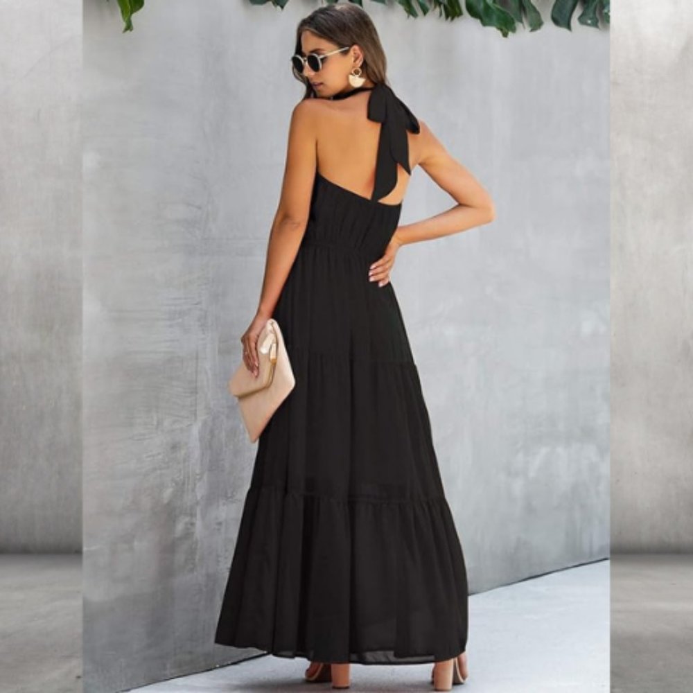 Halter Neck Dress Backless Boho Beach Party Maxi Dresses with Belt